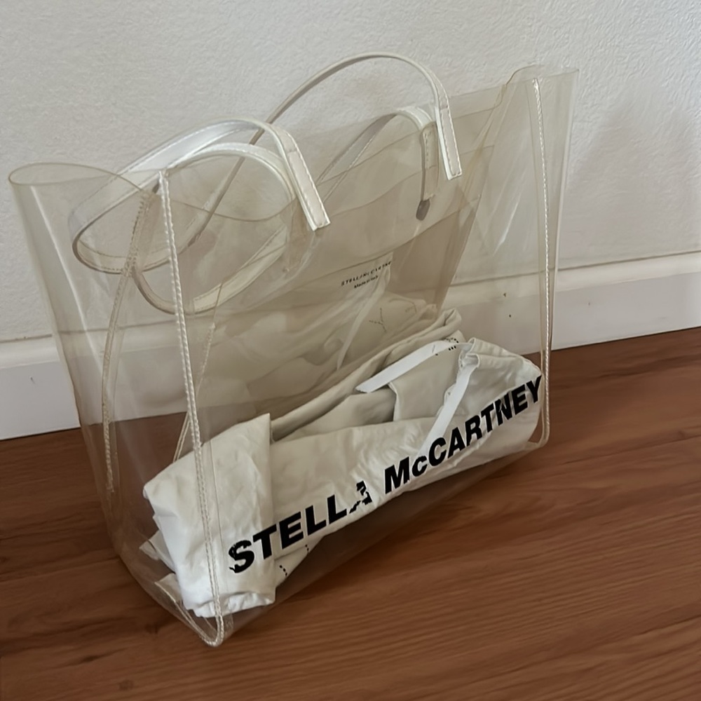 FINAL PRICE Vinyl, white leather and black logo Stella McCartney tote bag.